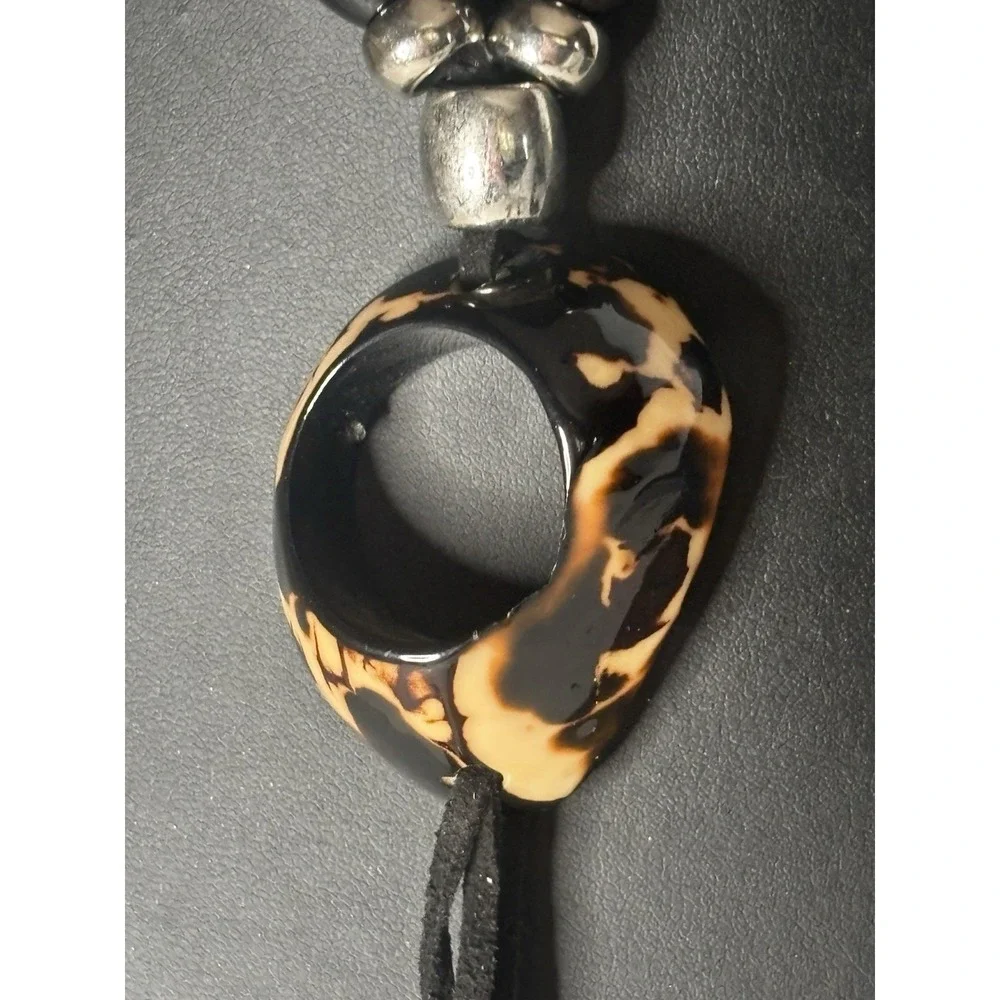 Y2K Boho Faux Tortoise Resin Pendant Necklace Feather Tassel Lariat